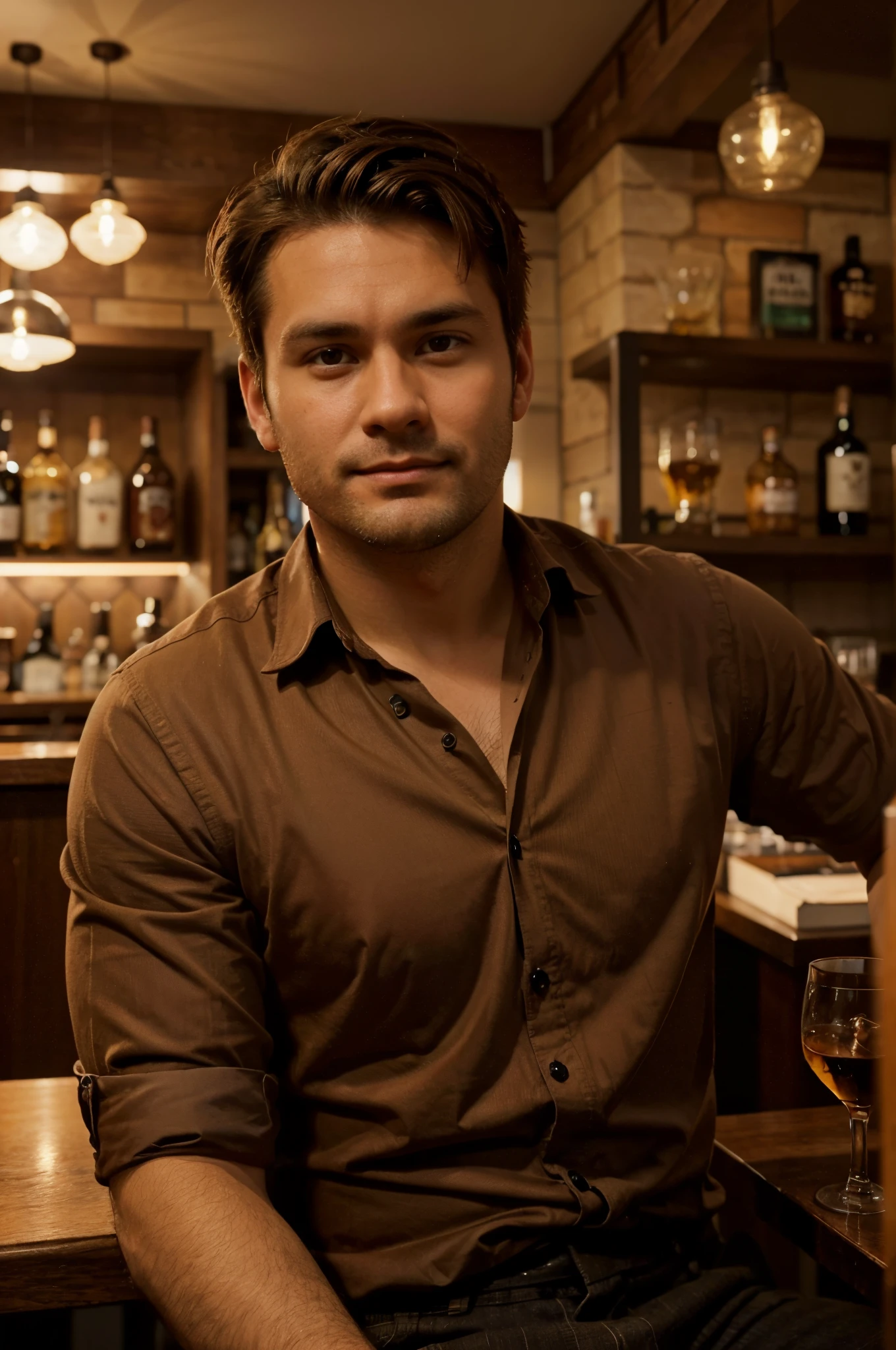 photo of, man 35 years old, about 80kg, with quiff brown hair,round face, siting in a bar,wearing shirt, rolex, dring whisky,