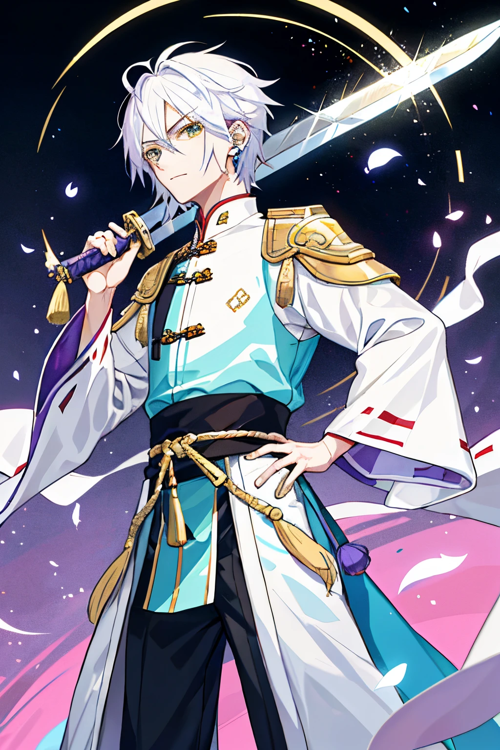 A teenager with white hair、light purple gradation，quadratic element，2D flat style painting。Golden Eyes，I have an earring in my right ear，dressed in period costumes，he had a sword on him，standing athletic pose，Handsome，there is only one person in the picture，Medium length hair，wearing ancient Chinese costume，Clothes are tattered，purr，Get well，shoun，Put one hand on your hip，Hair and shoulder length，