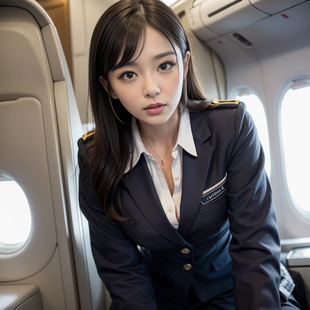 air stewardess uniform, downblouse, looking at viewer, eye contact, airplane interior, pov, leaning forward, nipples
