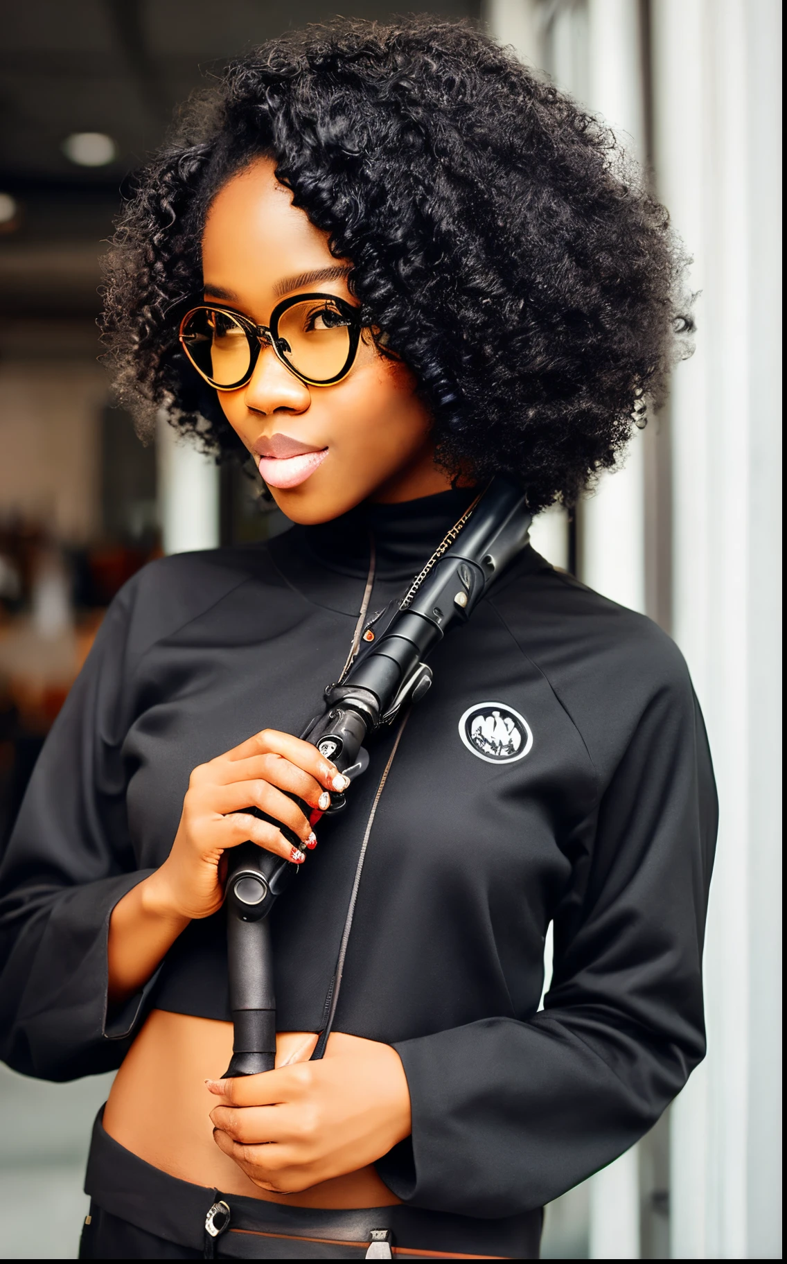 Dark skin girl,with black long curly hair,dark brown eye wearing an eyeglasses, and holding a snipe gun wear a whole black outfit