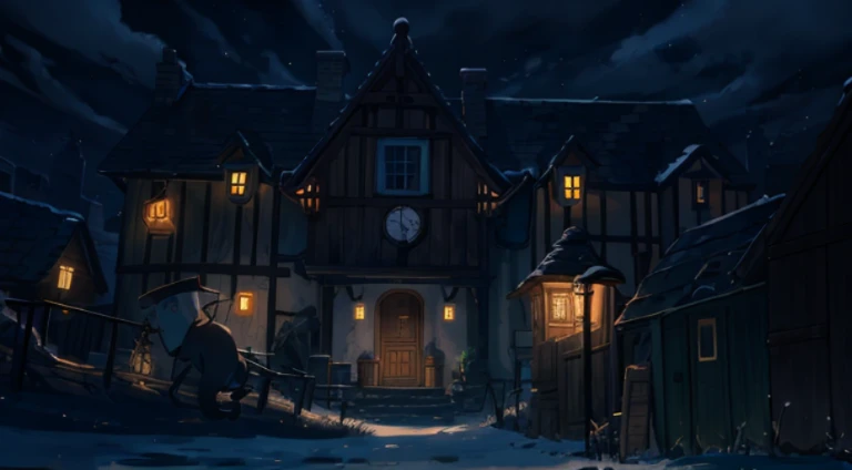 Night scene of houses with clock tower and path, howl\'s moving castle at night, tavern background, Madhouse Studio anime style, Fantasy tavern background, a multidimensional cozy tavern, Anime background art, arte de fundo, shadowy castle background, Little Witch Academy, Small town background, Night village background, alchemist library background, light kingdom backdrop