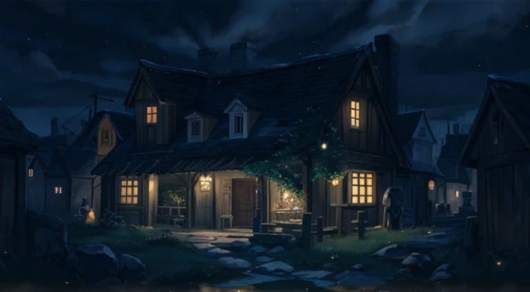 Night scene of houses with clock tower and path, howl\'s moving castle at night, tavern background, Madhouse Studio anime style, Fantasy tavern background, a multidimensional cozy tavern, Anime background art, arte de fundo, shadowy castle background, Little Witch Academy, Small town background, Night village background, alchemist library background, light kingdom backdrop