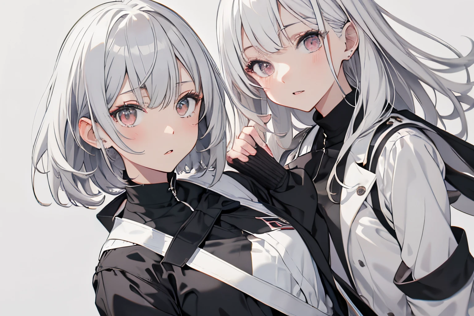 【Highest Quality, masutepiece】 [ girl , Manteau, expressioness, red eyes, front facing, White hair, Slender beauty,straight haired, Bery short hair ,Cafe uniform] (Gray white background:1.5),