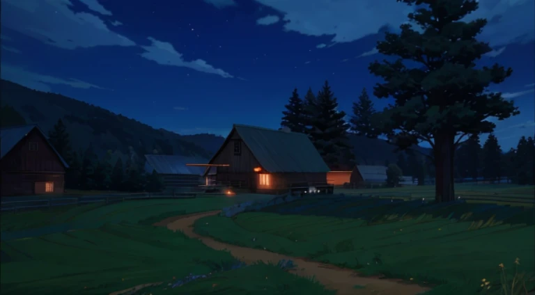 Night scene of barn and field path, Anime countryside landscape, anime scene, beautiful anime scenes, Anime landscapes, anime yulu camp, Anime background art, Today’s recommended anime is still, beautiful anime scenery, Barn in the background, anime backgrounds, Night village background, ( ( Shinkai sincerely ) ), Anime screenshots