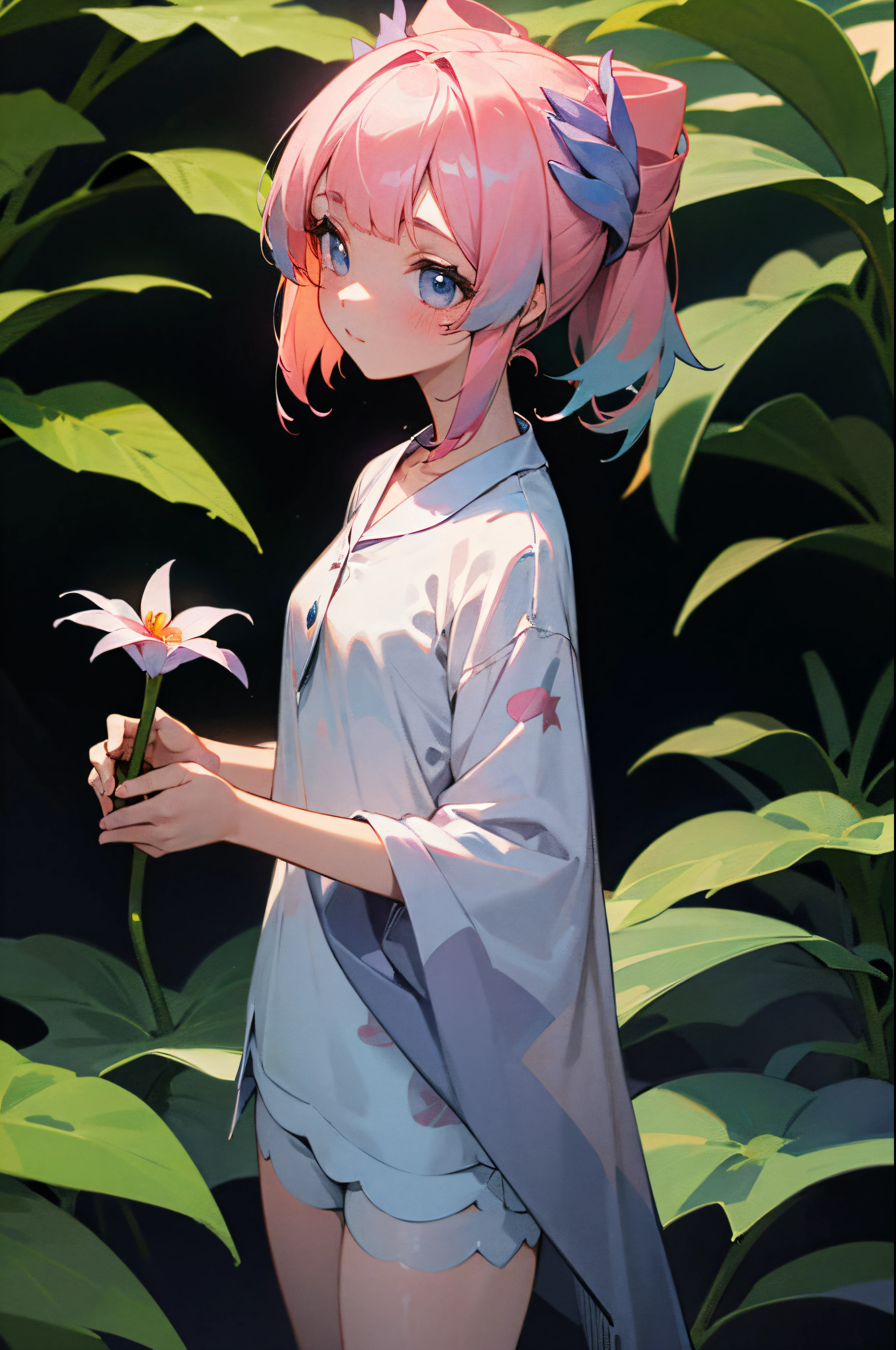 Teenage girl,white pajama,Little girl with pink hair,tropical garden,Holding flowers