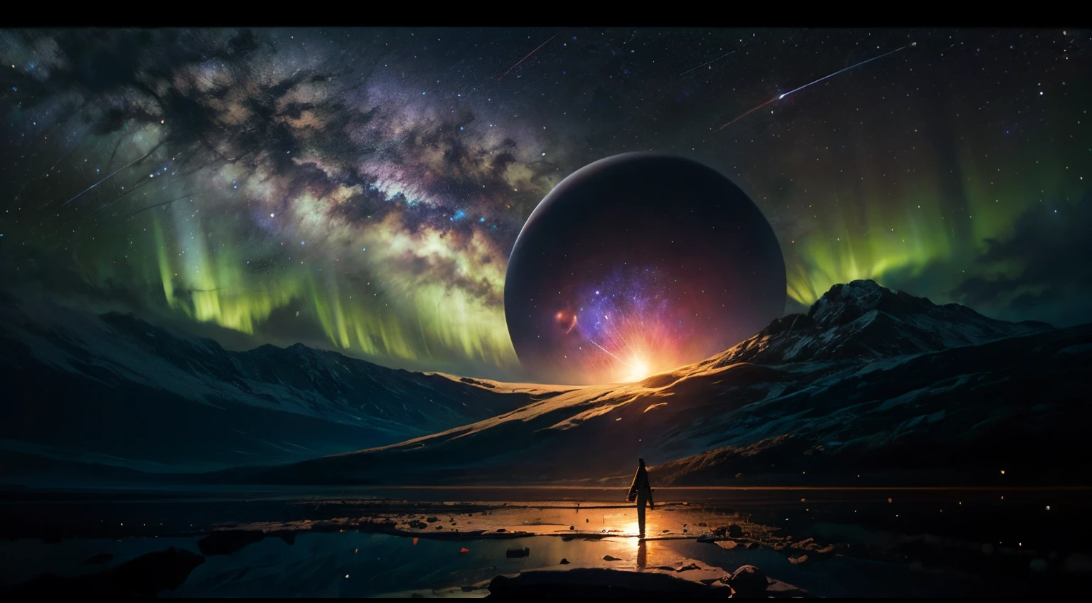 (La mejor calidad,4k,8k,Altas Resoluciones,Obra maestra:1.2),Ultra detallado,(realista,fotorrealista,fotorrealista:1.37),arte planetario,sistema solar,cielo nocturno,estrellas brillantes,Cosmic Wonders,Cuerpos celestes,planetas en movimiento,Orbiting planets,space exploration,astronomy,Viaje interestelar,exoplanetas,alien worlds,galaxias distantes,Nebulosas,viveros estelares,Explosiones estelares,Milky Way Galaxy,intergalactic journey,cosmic dust,Continuo espacio-tiempo,Materia oscura,revelando el universo,Belleza infinita,astrophotography,Galactic Adventures,universo misterioso,Cosmic Energy,Explorando lo desconocido,Constelaciones estelares,Celestial Navigation,stellar dynamics,Deep space exploration,CosmicLandscapes,vista de astronauta,universo espectacular,Paisajes impresionantes,horizontes lejanos,Espacio luminoso,Estrellas pulsantes,cosmic ballet,Paisaje lunar,visiones de otro mundo,enigmatic space,cosmos cautivador,ever expanding universe,auroras coloridas