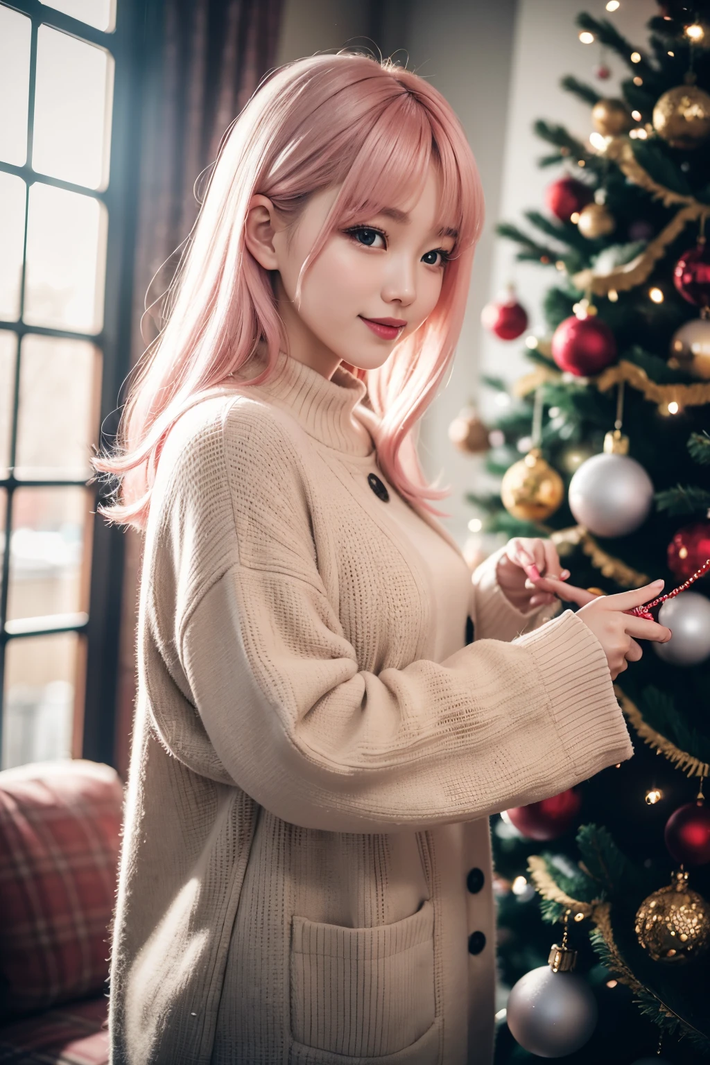 8k, RAW photo, Fujifilm, style photo of a beautiful korean young woman reaching out to put an ornaments on the christmas tree small smile. Warm christmas background (highly detailed skin: 1.2) long light pink hair reaches her back with grey eyes, wearing warm cute winter clothes film granulation, 35mm,