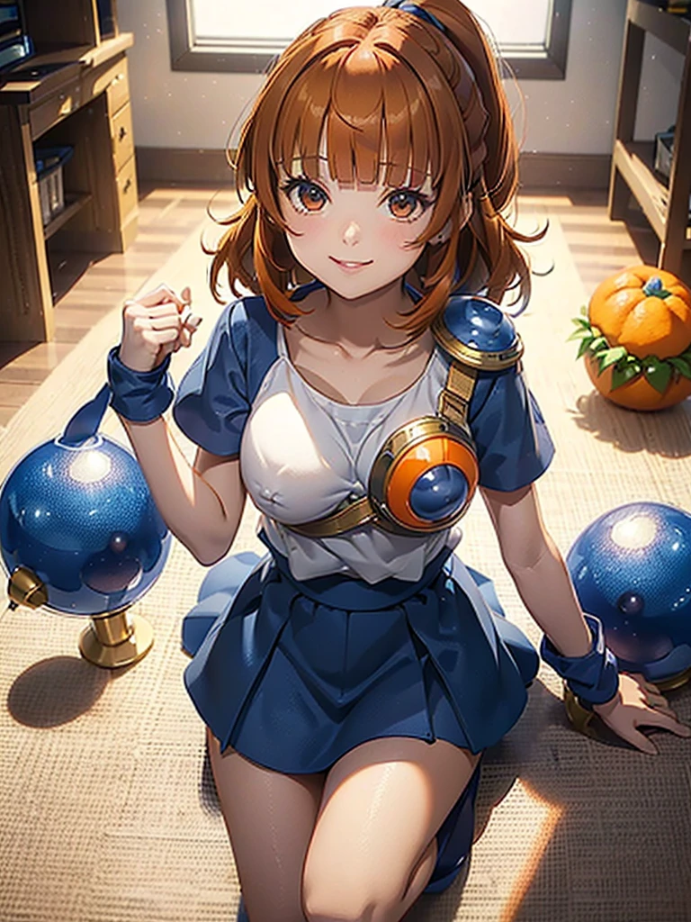 (Arle Nadja from puyopuyo), 1girl, ((((darkorange hair)))), high ponytail, (((((Blunt bangs))))), ((((small tits)))), (golden eyes), ((white T-shirt)), ((blue fluffy skirt)), (blue cloak), (Blue breastplate), Blue wristband, smile, 
masutepiece, Best Quality, (the Extremely Detailed CG Unity 8K Wallpapers), (Best Quality), (Best Illustrations), (Best Shadows), Isometric 3D, Octane Rendering, Ray tracing, super detailed,castle town