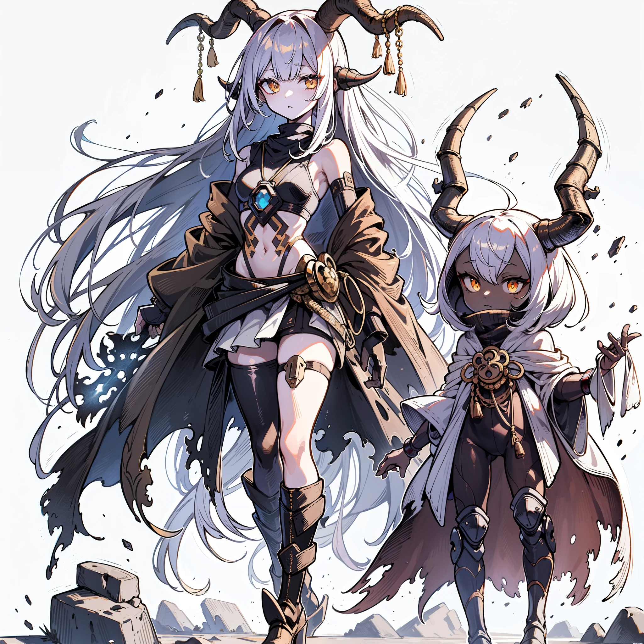 (masutepiece, of the highest quality), (Perfect athlete body: 1.2), (detailed hairs), super detailed, Anime style, Full body, Solo, cyberpunk stone wizard girl, with a small golem servant, pale black skin, Ancient national costume, stone horns growing from the head, very long shining golden hair and golden eyes, strange stone tools, Wearing long boots, standing wilderness, White background, Full body,