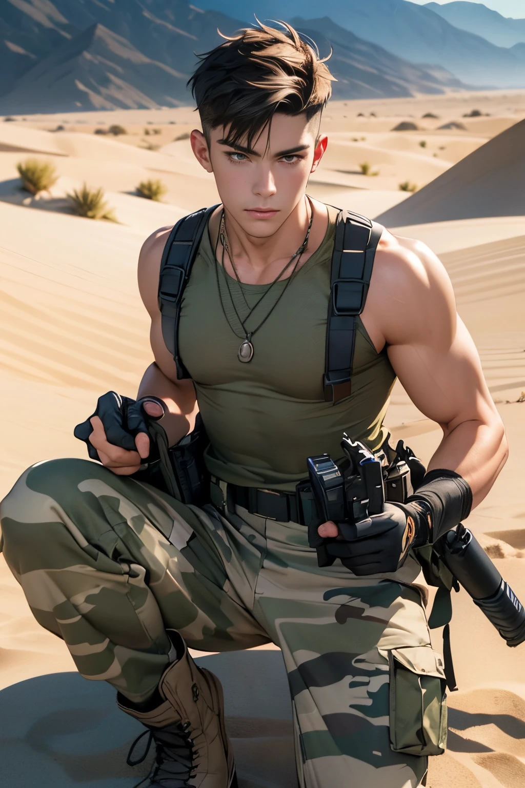 ((masterpiece)), ((best quality:1.2)), High Resolution, 8k, (ultra_realistic:1.3), (photorealistic:1.4), sharp focus, yaoi, 1boy, (perfect face), American soldier, half asian half caucasian, white man, handsome sexysoldier, camouflage pants, tank top, dog tags, gloves, boots, ammunition belt, desert environment