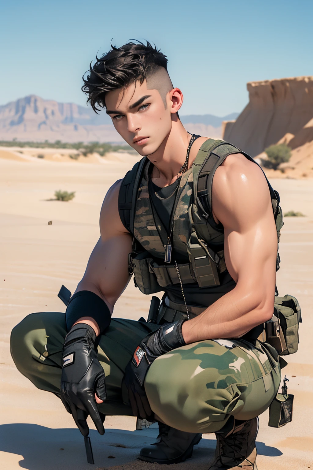 ((masterpiece)), ((best quality:1.2)), High Resolution, 8k, (ultra_realistic:1.3), (photorealistic:1.4), sharp focus, yaoi, 1boy, (perfect face), American soldier, half asian half caucasian, white man, handsome sexysoldier, camouflage pants, tank top, dog tags, gloves, boots, ammunition belt, desert environment