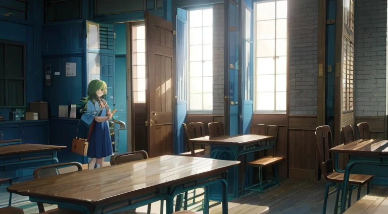 There is a woman standing in a room with a table and a bench, typical anime classroom, anime scene, Screenshot of the animated movie, Madhouse Studio anime style, stans;doors, Still from TV animation, stans ; doors, Greengar, Gate of the Stone of Destiny, in the anime film, Screenshots from the 2012 animation, kyoto animation still