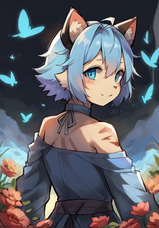 natta, lot of flowers,blue color eyes,Dragon's Horn,back to look back,ssmile,seen from the front,There are blue butterflies around,short detailed hair,There are two long braids on both sides of the hair,Blue shawl,only,catss,Libido boy,Fury,Break humanity,White cat tail,The eyes are bright,author:Tiger 1145