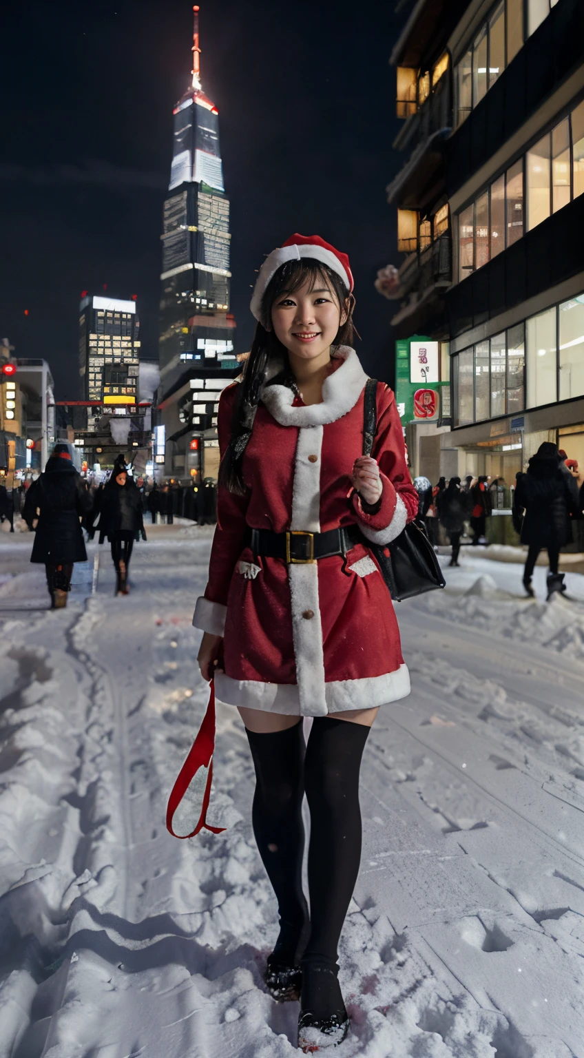 santa claus, japanaese girl, city, Night, Snow, Skyscrapers