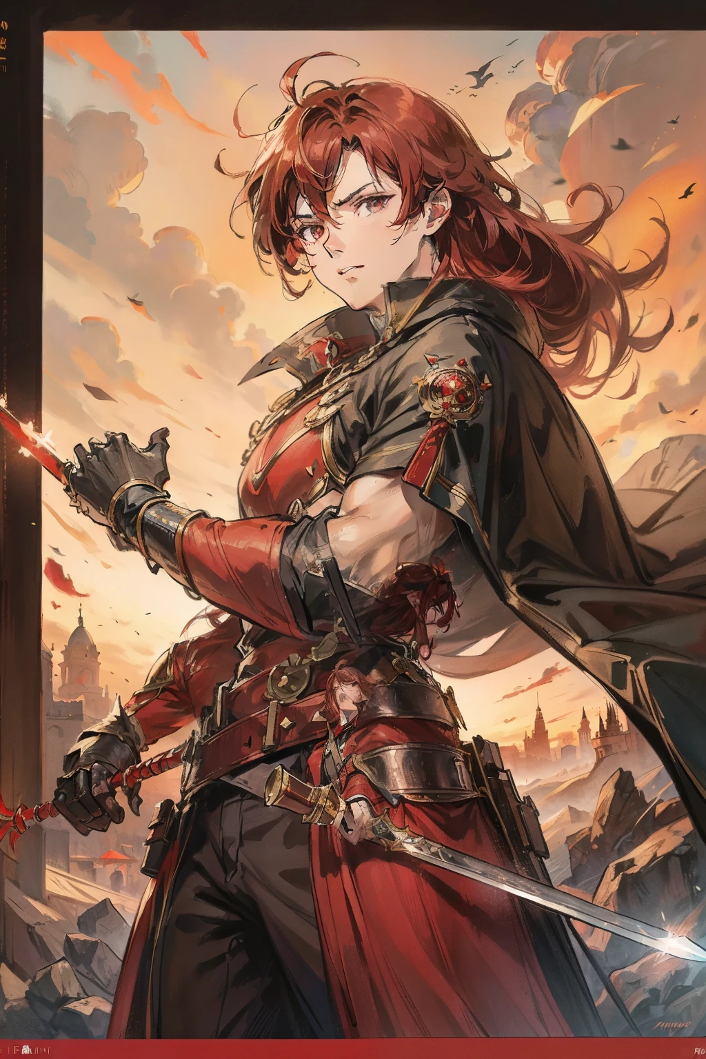 Prince,Red hair,Brown eyes,spear,Magic,knight,hero,8K,Realistic,hard disk,High quality,tall, young adult, hard disk, tall