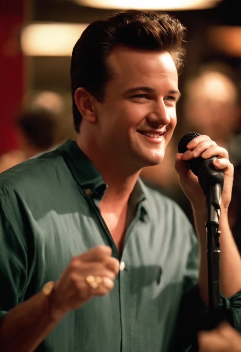 A photo of Chandler at a comedy club, holding a microphone and delivering a stand-up routine,Friends TV Show,Chandler Bing, a character from the popular TV sitcom “Friends,” has a lean build and a boyish appearance, often characterized by his short, neatly styled hair and a sarcastic smile. His fashion is typically casual and unassuming, reflecting his laid-back and somewhat self-deprecating personality. , male