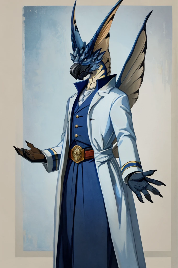 A Legiana as a German official posing for a portrait, white-blue uniform, white gloves, clawed fingers, 4 fingers, 1900s photograph, long coat, open coat, blue outlining, padded fingers, golden-blue belt,