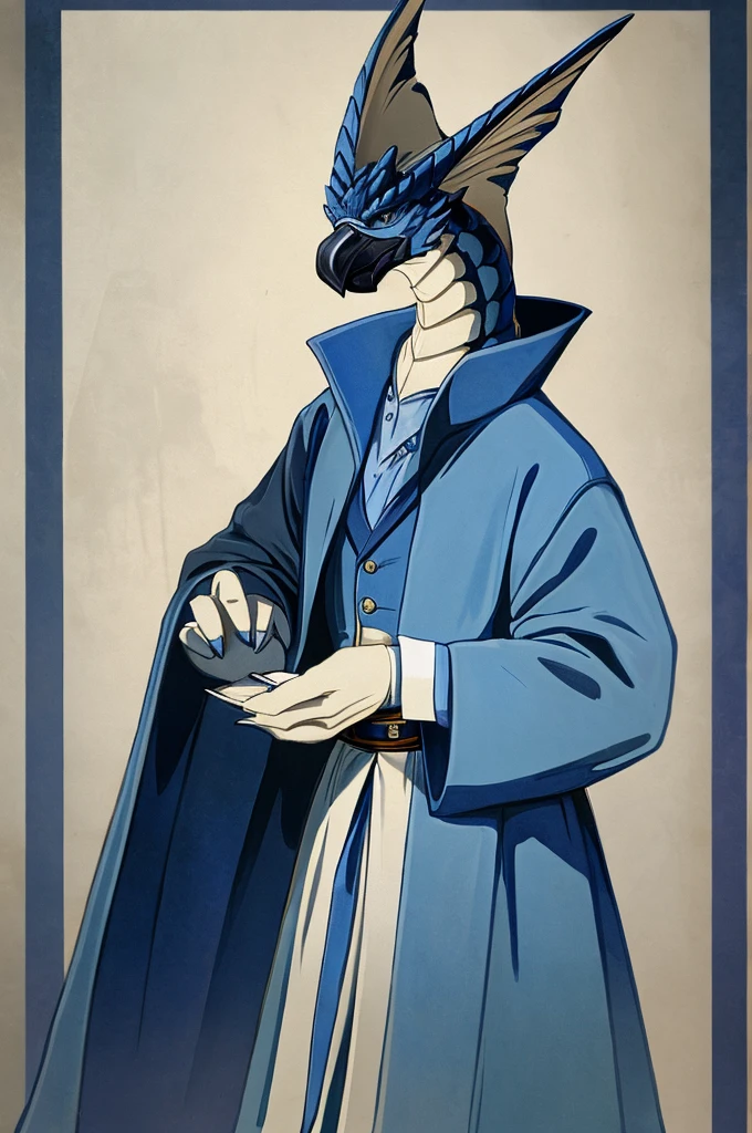 A Legiana as a German official posing for a portrait, white-blue uniform, white gloves, clawed fingers, 4 fingers, 1900s photograph, long coat, open coat, blue outlining, padded fingers, golden-blue belt,