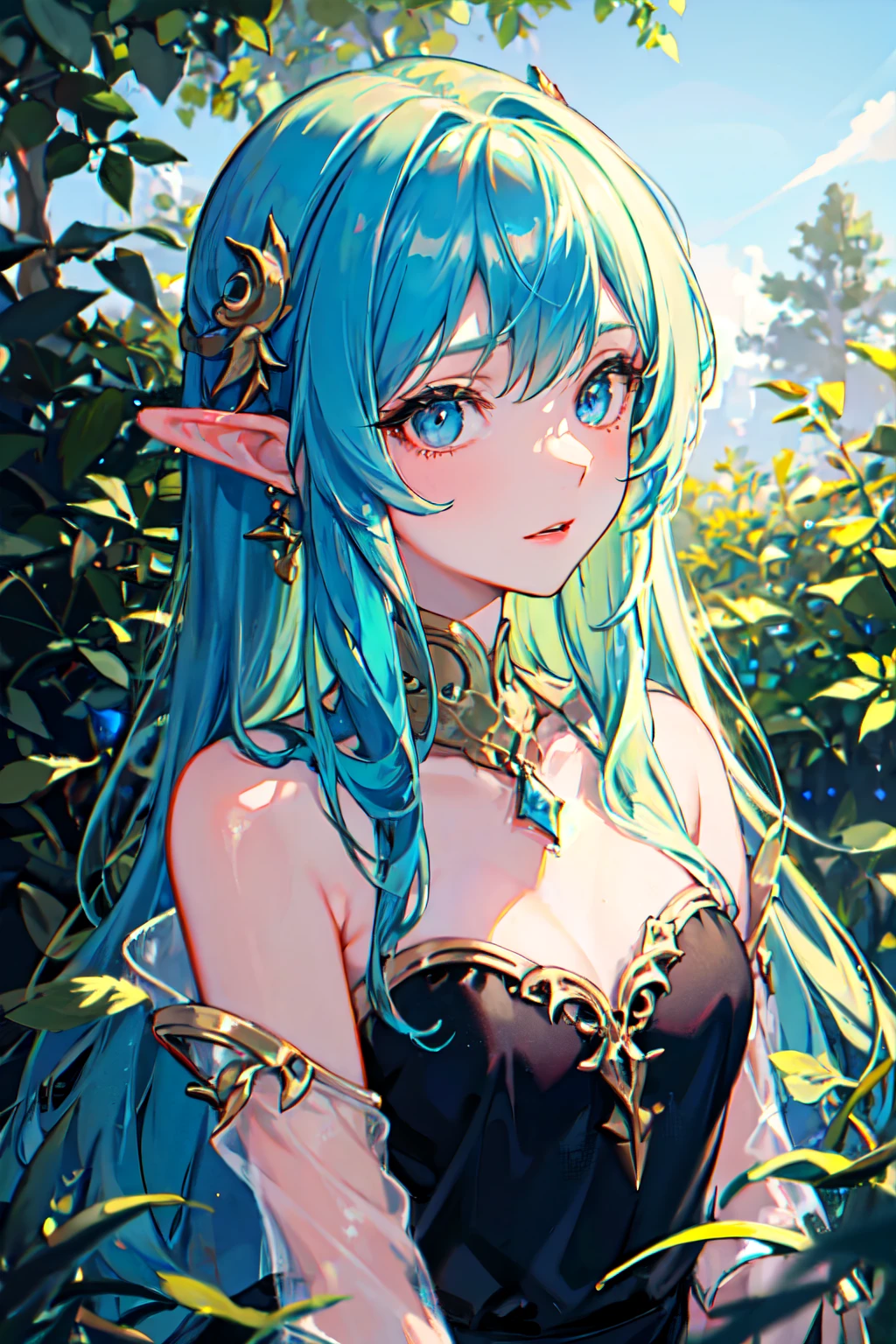 １６k、８k、４k、１７age、Perfect body、Extraordinary Beauty、High Quality, green long hair, Blue eyes、Pretty Face, insanely detailed eyes、Mini skirt、full bodyesbian、Goddess-like atmosphere、elvish、in woods、Sunlight、
