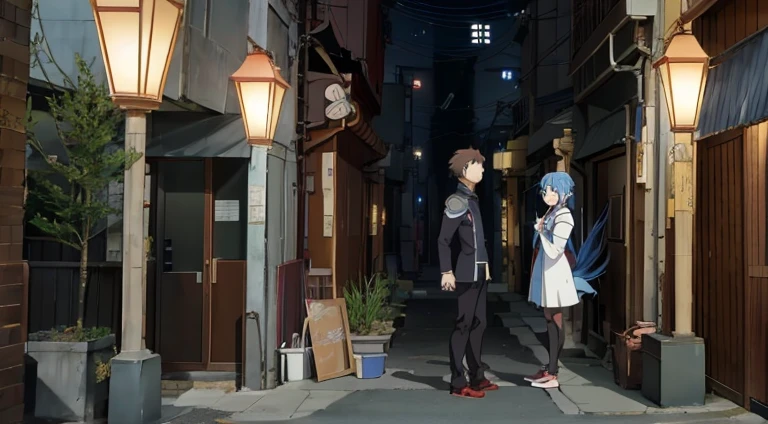 Anime character standing in front of a building with lights on, Sao style anime, Medium shot of two characters, Still from TV animation, in the anime film, Screenshot of the animated movie, Today’s recommended anime is still, anime movie screenshot, Screenshots from the 2012 animation, Still from anime, with two characters, As estrelas, anime screenshot