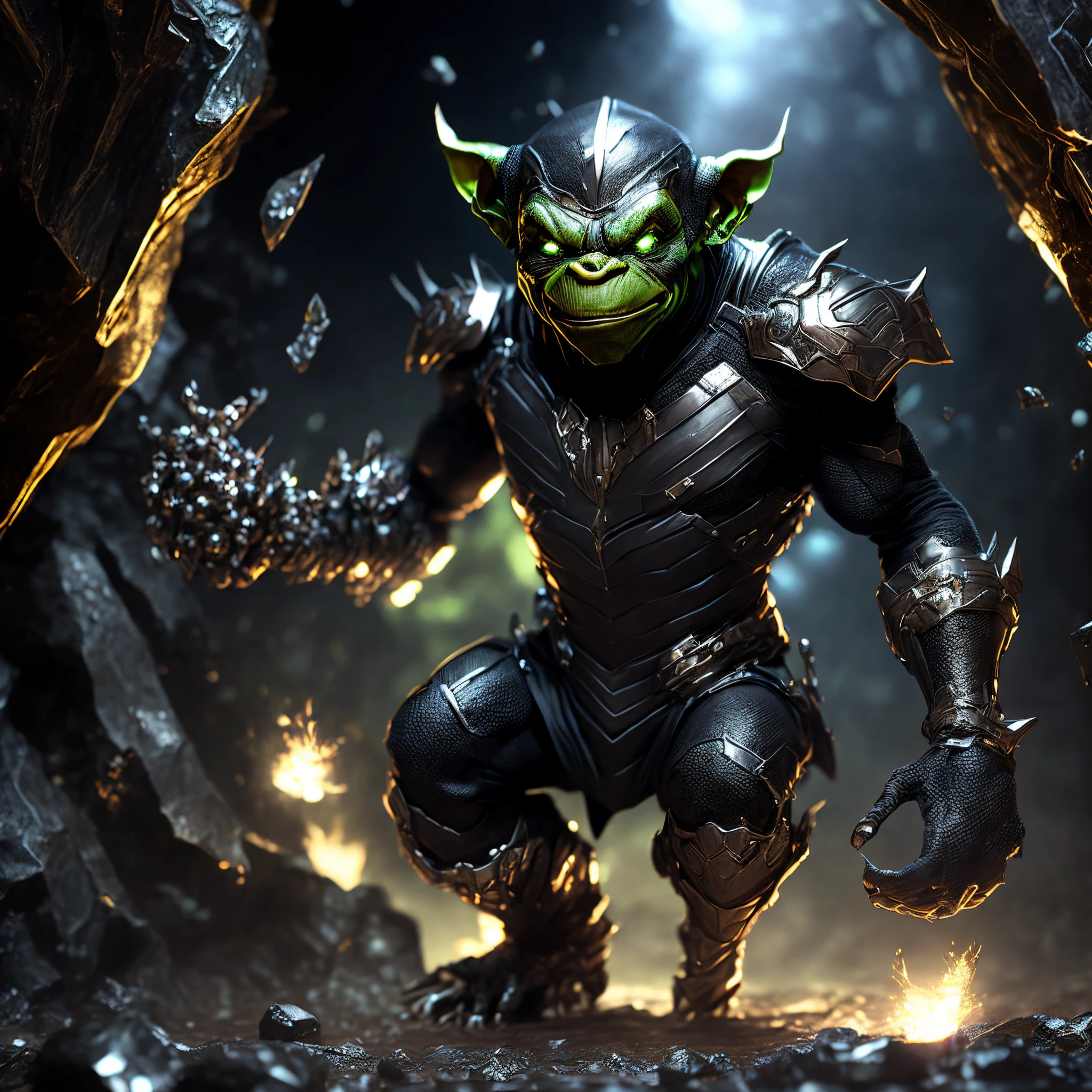 Full body (Black Goblin from Marvel in chrome metal style: 1.3) emerging from the underground crystal cave, well detailed, sparks, flying debris, volumetric light