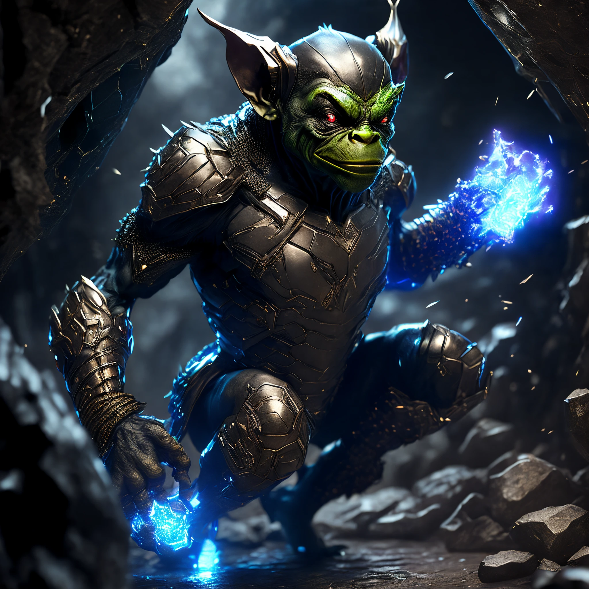 Full body (Black Goblin from Marvel in chrome metal style: 1.3) emerging from the underground crystal cave, well detailed, sparks, flying debris, volumetric light