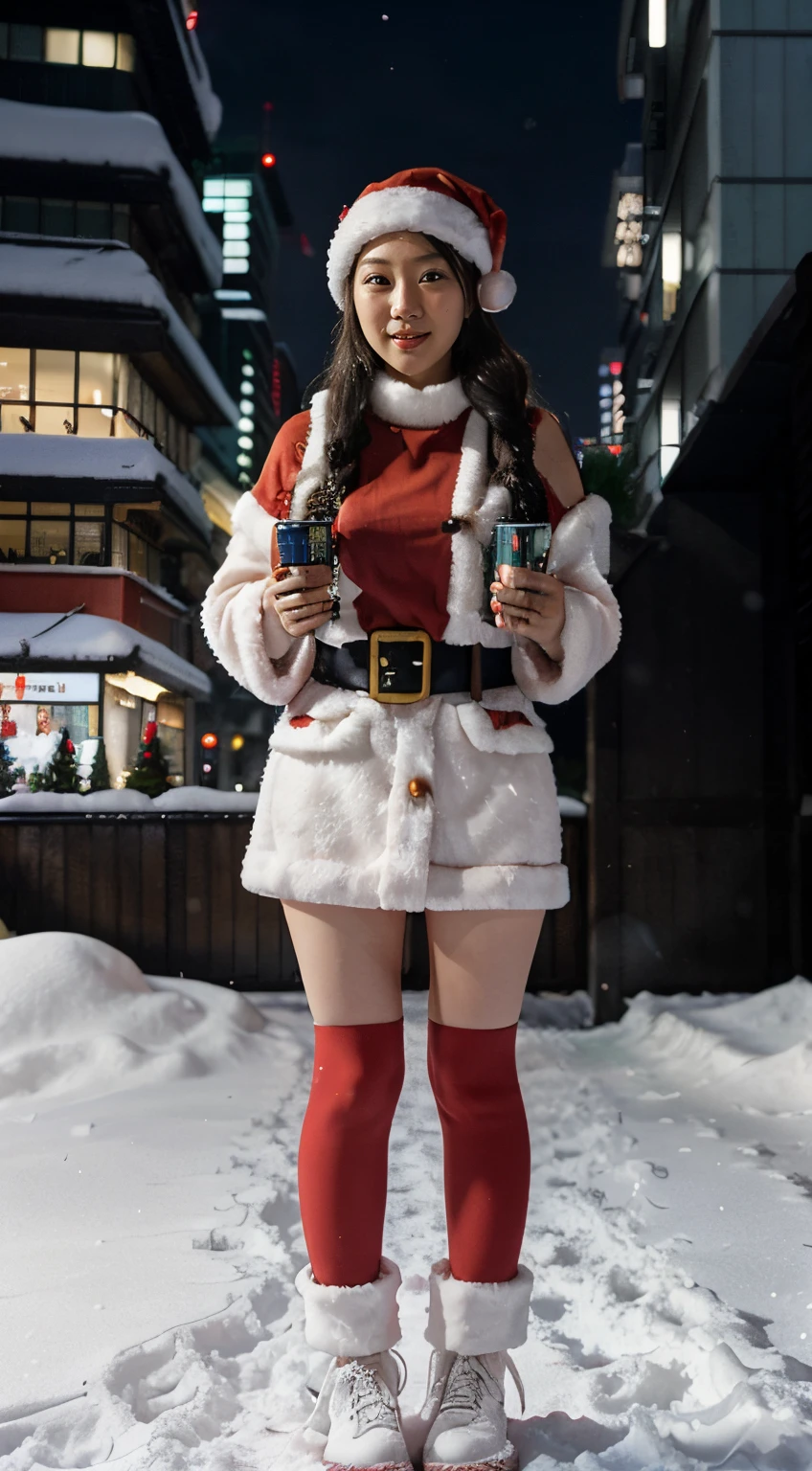 santa claus, japanaese girl, city, Night, Snow, Skyscrapers