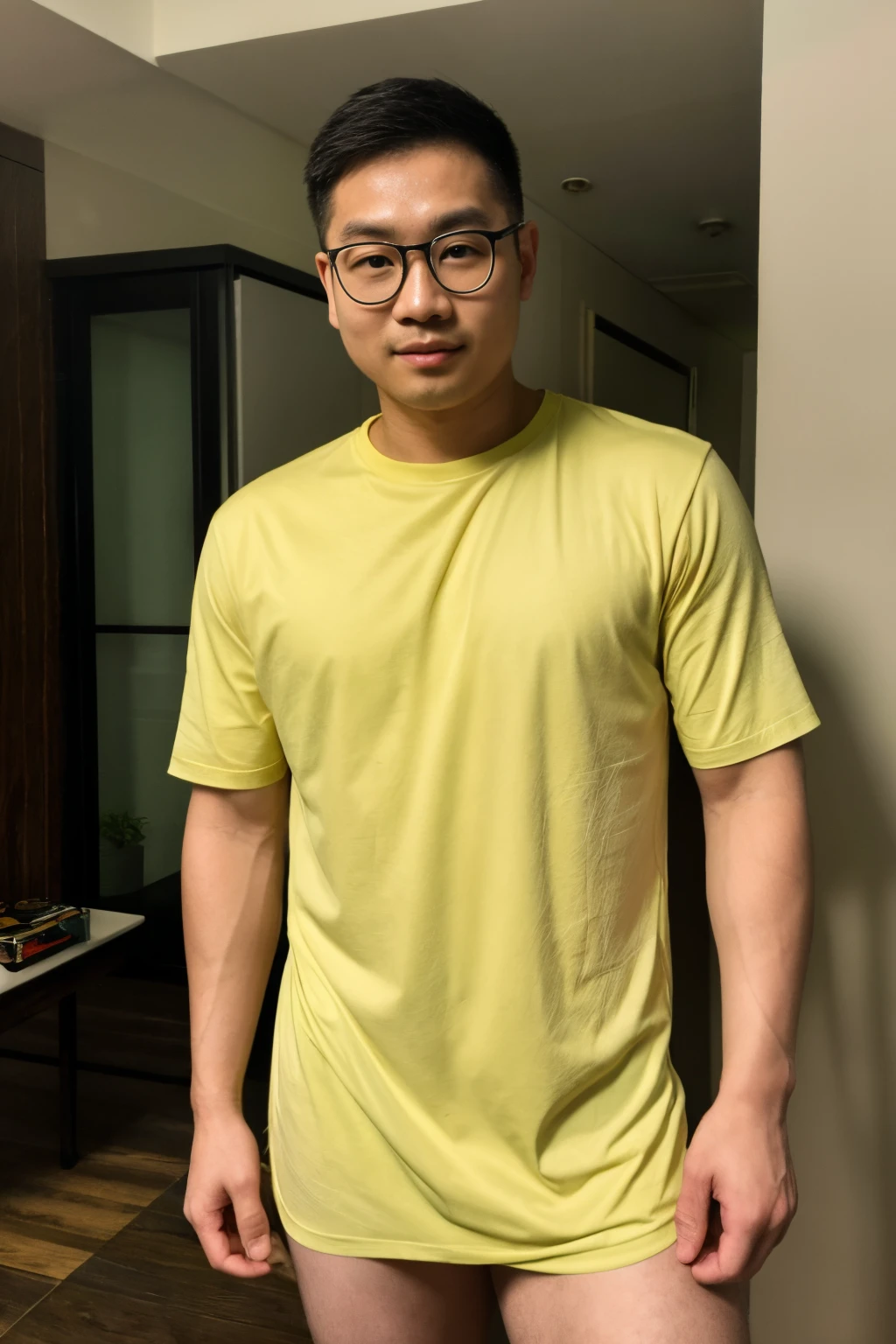 Andrew thomas huang, oval face, eyeglasses, neat muscular, yellow shirt, (((penis bulge)))