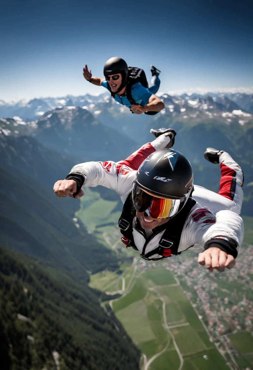 A photo of Sterling skydiving over the breathtaking Swiss Alps,original,Max “Velocity” Sterling, a fictional Formula One champion, is the epitome of speed and charisma on the racetrack. With a sharp, athletic build, his appearance is as flashy as his driving style, often seen in custom racing gear emblazoned with bold logos and his trademark lightning symbol. His hair is styled with the same carefree audacity that he shows behind the wheel, and his confident, roguish smile has made him a heartthrob in the international racing scene. , male