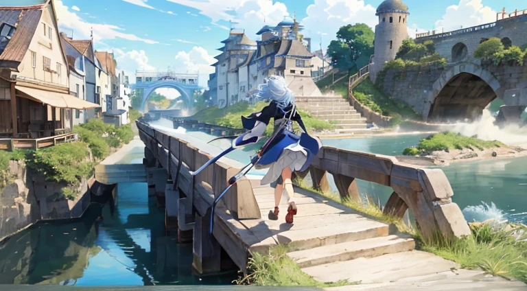Anime scene of a woman walking across a bridge over a river, beautiful anime scenes, Anime beautiful peaceful scene, Screenshot of the animated movie, Screenshots from the 2012 animation, beautiful anime scenery, Greengar, Anime landscape concept art, ancient city streets behind her, Bustling magic town, anime scene, Anime countryside landscape, Anime background art, Anime landscapes