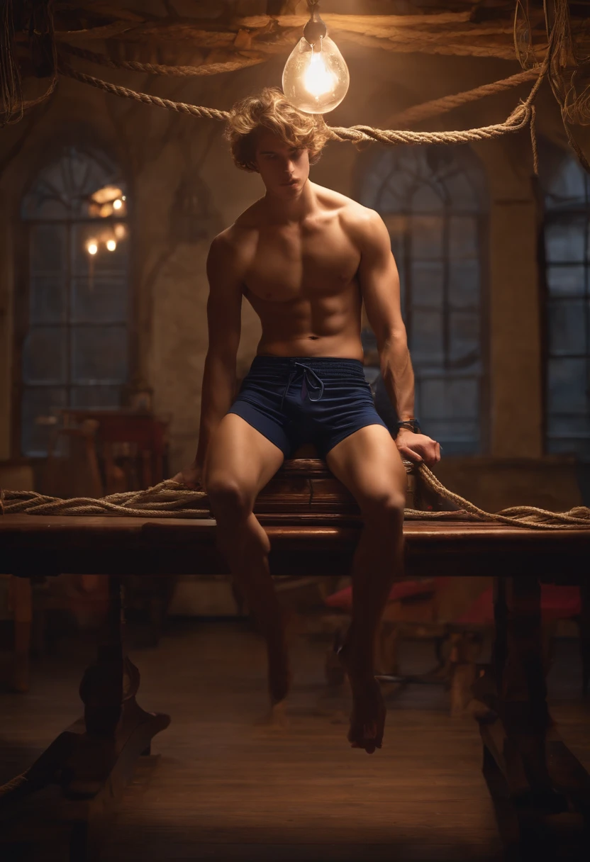 Shirtless 18 yo slim twink wearing navy blue undies, tangled up completely with ropes to a table