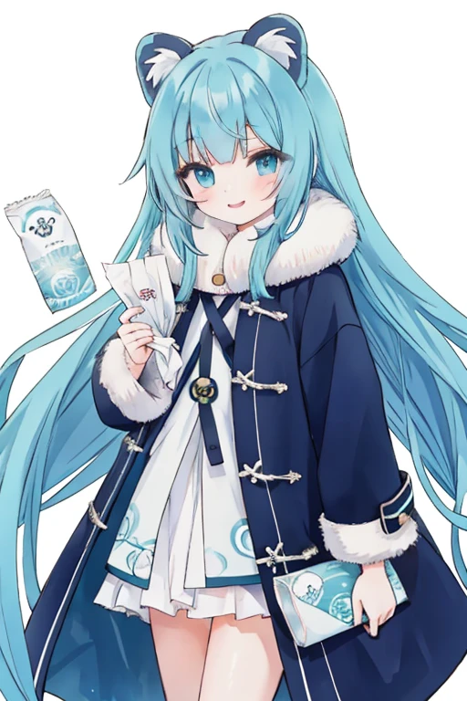 Kawaii Girl,aqua hair,Dark blue eyes,Very long straight hair,Tanuki ears,P coat,A smile,Holding a pocket tissue in your hand,Looking at Viewer,White background