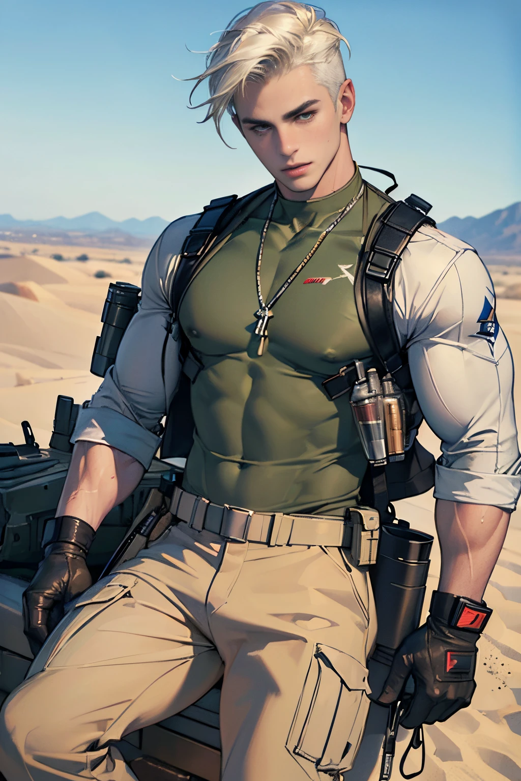 ((masterpiece)), ((best quality:1.2)), High Resolution, 8k, (ultra_realistic:1.3), (photorealistic:1.4), sharp focus, yaoi, 1boy, (perfect face), American soldier, half asian half caucasian, white man, handsome sexysoldier, camouflage pants, tank top, dog tags, gloves, boots, ammunition belt, desert environment
