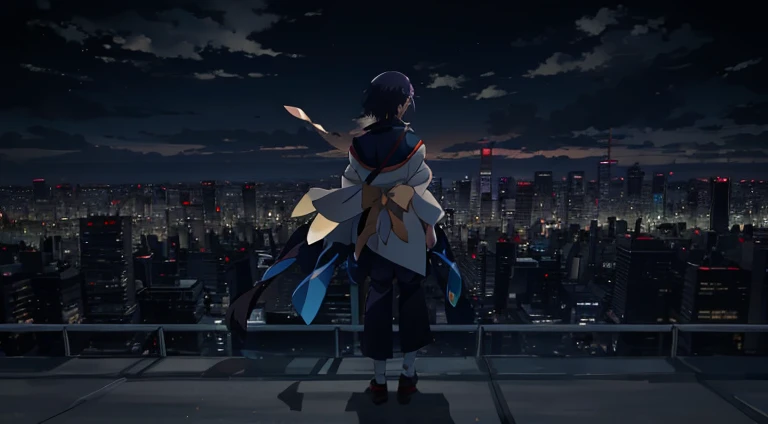 A woman stands on the roof looking at the city at night, calm evening. Over-the-shoulder lens, Watching the sun set. Japanese cartoon, tokyo anime anime scene, Against the backdrop of a city, ( ( Shinkai sincerely ) ), Shinkai sincerely. —h 2160, looking over city, Tokyo rooftops as background, in front of a sci fi cityscape