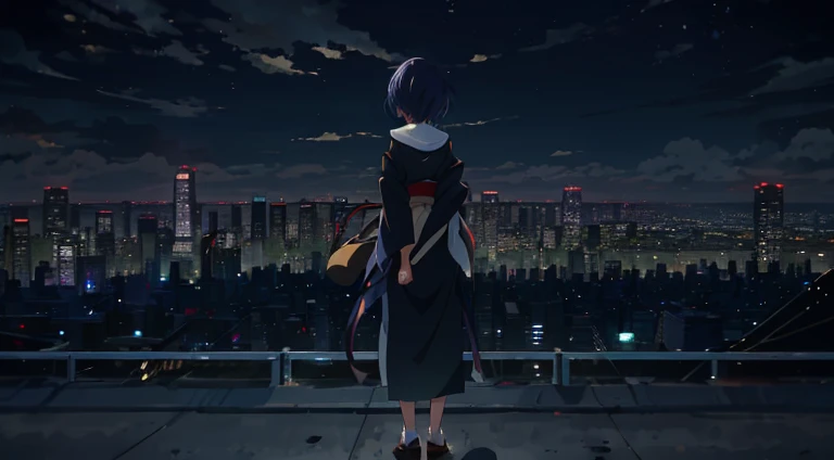 A woman stands on the roof looking at the city at night, calm evening. Over-the-shoulder lens, Watching the sun set. Japanese cartoon, tokyo anime anime scene, Against the backdrop of a city, ( ( Shinkai sincerely ) ), Shinkai sincerely. —h 2160, looking over city, Tokyo rooftops as background, in front of a sci fi cityscape