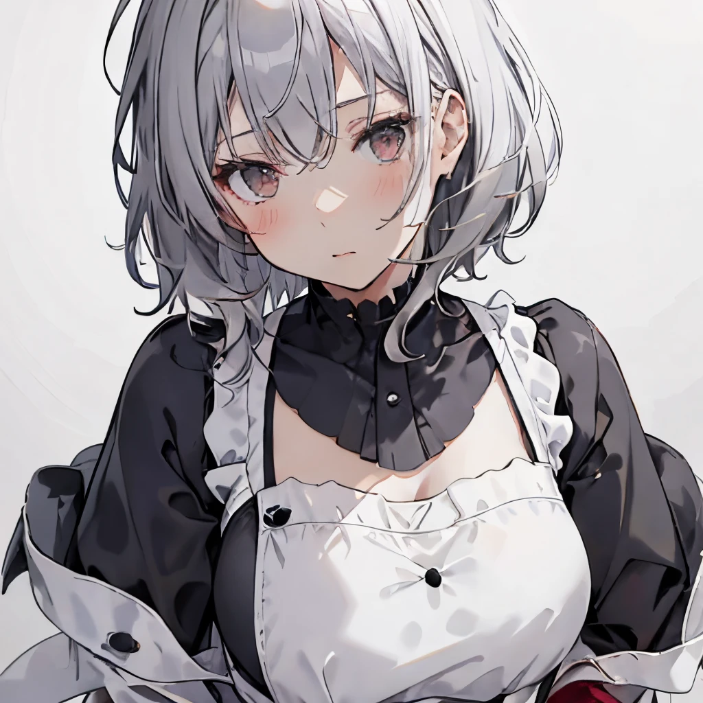 【Highest Quality, masutepiece】 [1 girl in, Manteau, expressioness, Red Eyes, front facing, White hair, Slender beauty,straight haired, Bery short hair ,Cafe Apron] (Gray white background:1.5), No smile, Does not blush cheeks,