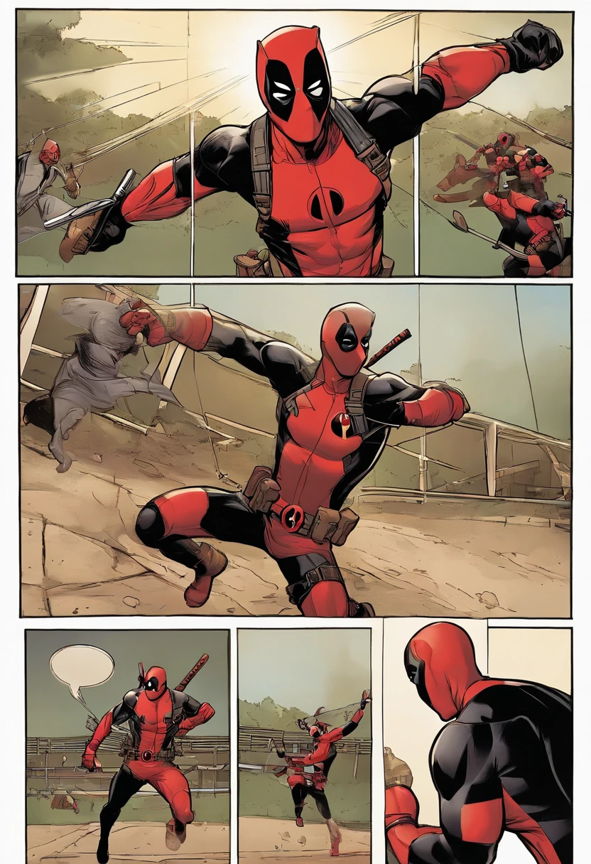 Deadpool crashing a dog agility competition in a superhero costume,Deadpool,Deadpool, the unconventional anti-hero from Marvel Comics, is known for his distinctive red and black suit, complete with a mask that covers his entire face, hiding his disfigured skin caused by advanced cancer and experimental healing factor. His appearance is athletic and agile, suitable for his acrobatic fighting style. , male