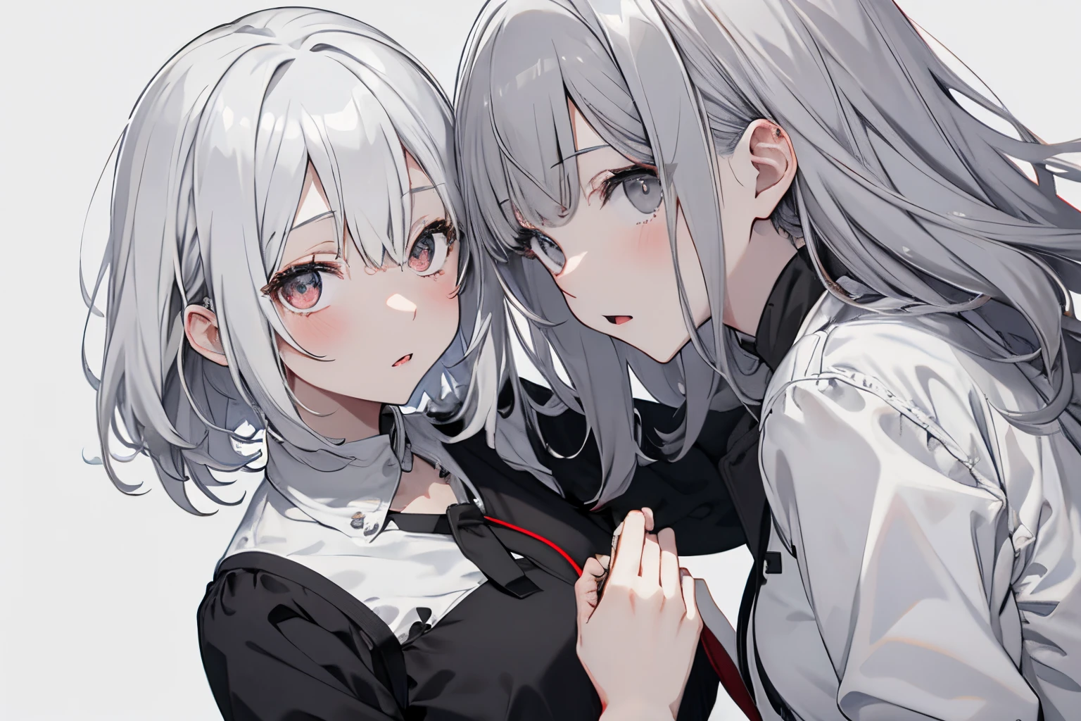 【Highest Quality, masutepiece】 [left girl , Manteau, expressioness, red eyes, front facing, White hair, Slender beauty,straight haired, Bery short hair ,Cafe uniform] (Gray white background:1.5),[ right girl, gray eyes, gray hair,Medium hair]
