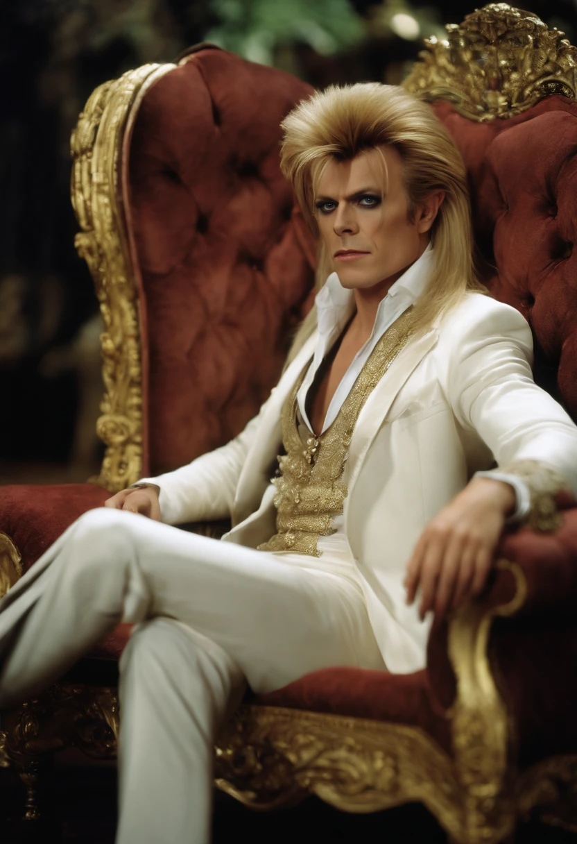 A photo of Jareth, the Goblin King, lounging on an elegant throne with a sly smirk,Labyrinth,Jareth has long spiky blonde hair, purple eyeshadow with cat-eye eyeliner, wears a frilly shirt and tight pants, and a high open collar. Portrayed by David Bowie in the film "Labyrinth", male