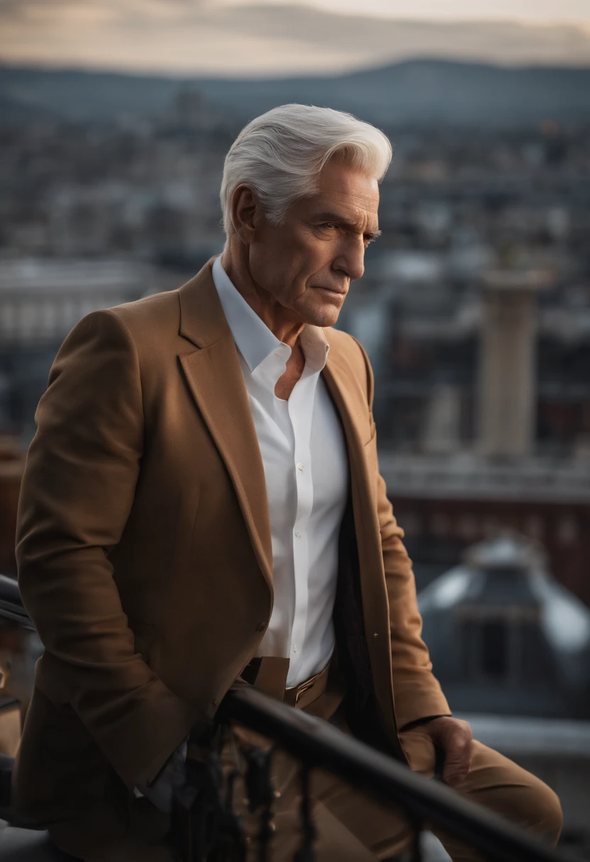 A photo of Logan overseeing the city's movements from a private rooftop,original,Logan Roy, the fictional patriarch in “Succession,” possesses a commanding presence, characterized by his tall stature, sharp suits that speak to his power and wealth, and an often stern, unyielding facial expression. His aging appearance, marked by a full head of white hair and a penetrating gaze, adds to his intimidating demeanor., male