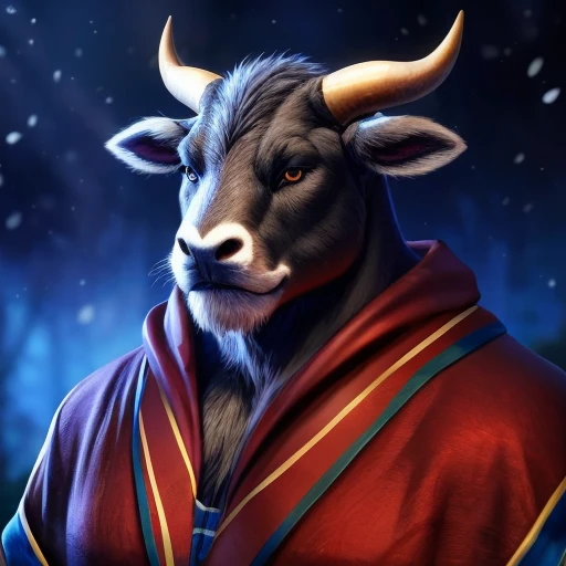 portrait bull wearing grey mage robes, intricate, photorealistic, highly detailed, 8K, stoic, medium-length horns, two-tone fur, black and grey fur,