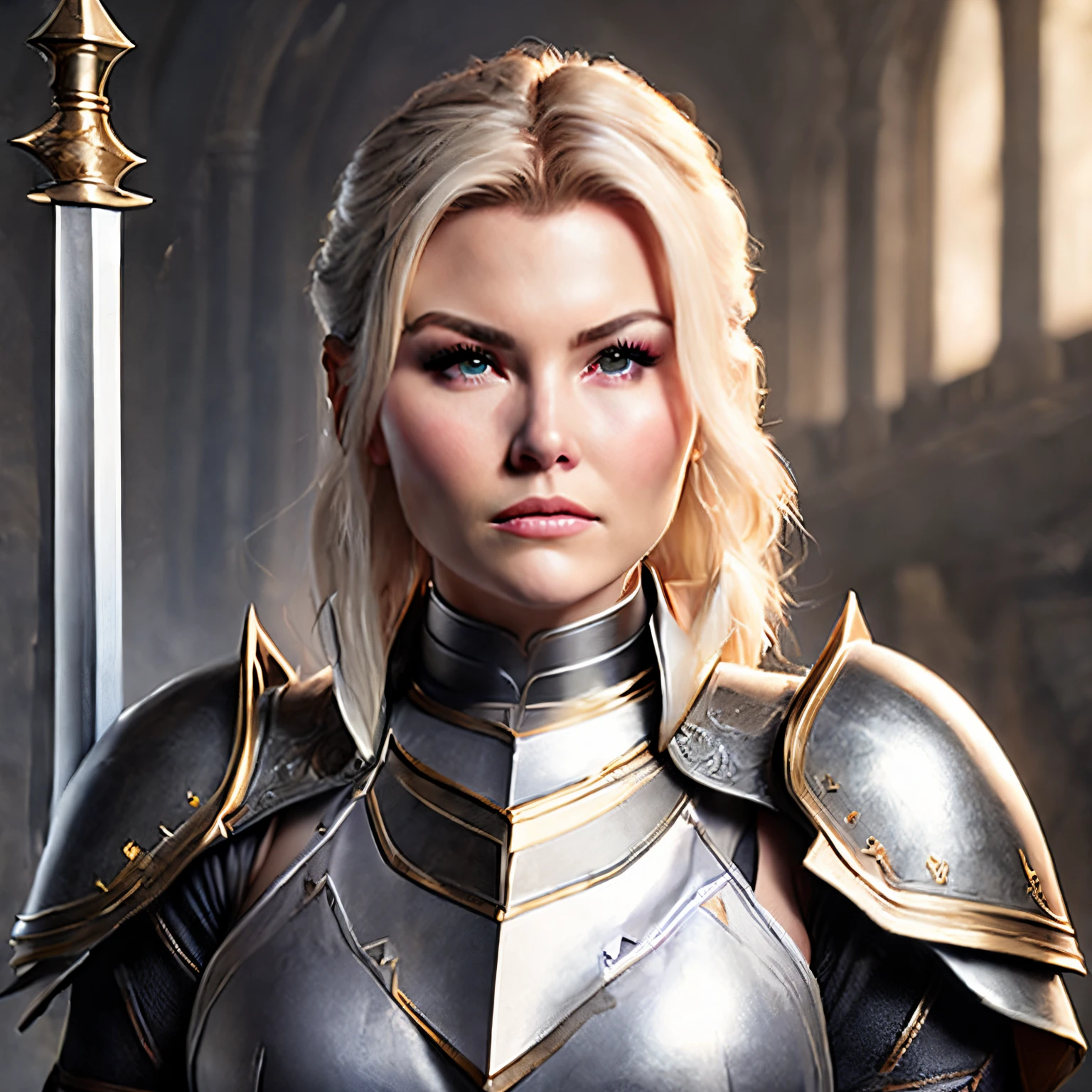 a close up of a woman in armor with a sword, elisha cuthbert as a rpg warrior, elisha cuthbert as a d&d paladin, elisha cuthbert as a paladin, female dragonborn, unreal engine character art, stunning character art, fantasy paladin woman, unreal engine fantasy art, portrait of female paladin, diablo 4 queen