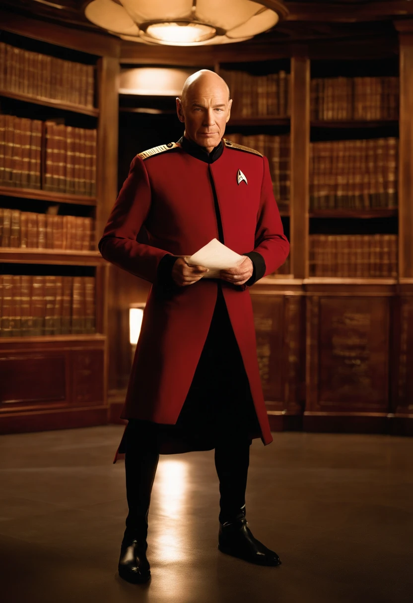 A photo of Captain Picard browsing through ancient scrolls in a dimly lit chamber of the ship's library.,Star Trek: The Next Generation,Picard is bald, with a poised, upright bearing, and a measured, commanding presence that complements his tactical brilliance. His visage is marked by sharp, discerning eyes and a stately air, often clad in the sleek, red and black Starfleet uniform that denotes his rank and the respect he commands as captain, male