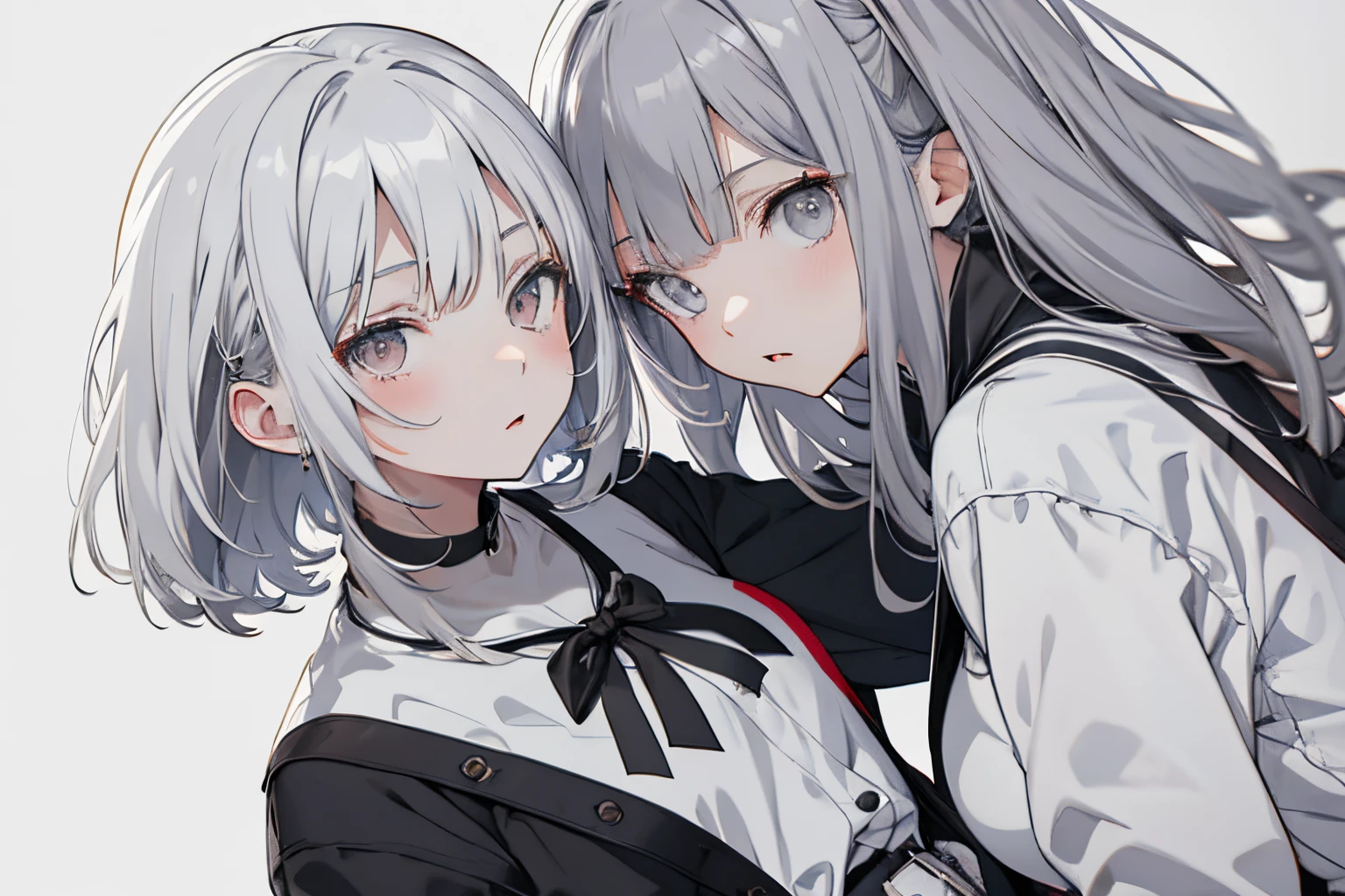 【Highest Quality, masutepiece】 [left girl , Manteau, expressioness, red eyes, front facing, White hair, Slender beauty,straight haired, Bery short hair ,Cafe uniform] (Gray white background:1.5),[ right girl, gray eyes, gray hair,Medium hair]