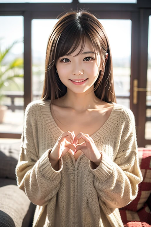 You can see the upper body of Japanese beauty, Make a heart shape with your hands. She is facing the camera, Smiling, The background is a comfortable living room environment.