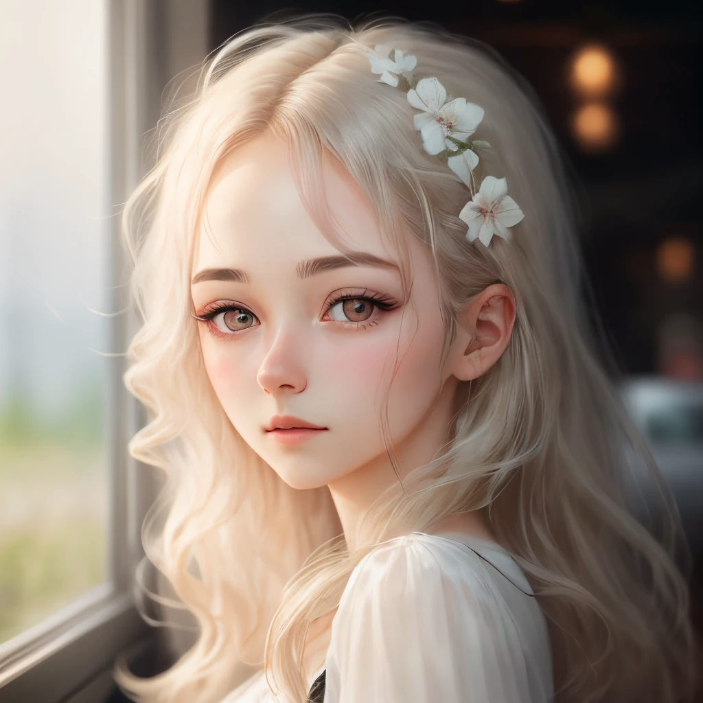 Beautiful girl, tired eyes, pale, long messy hair