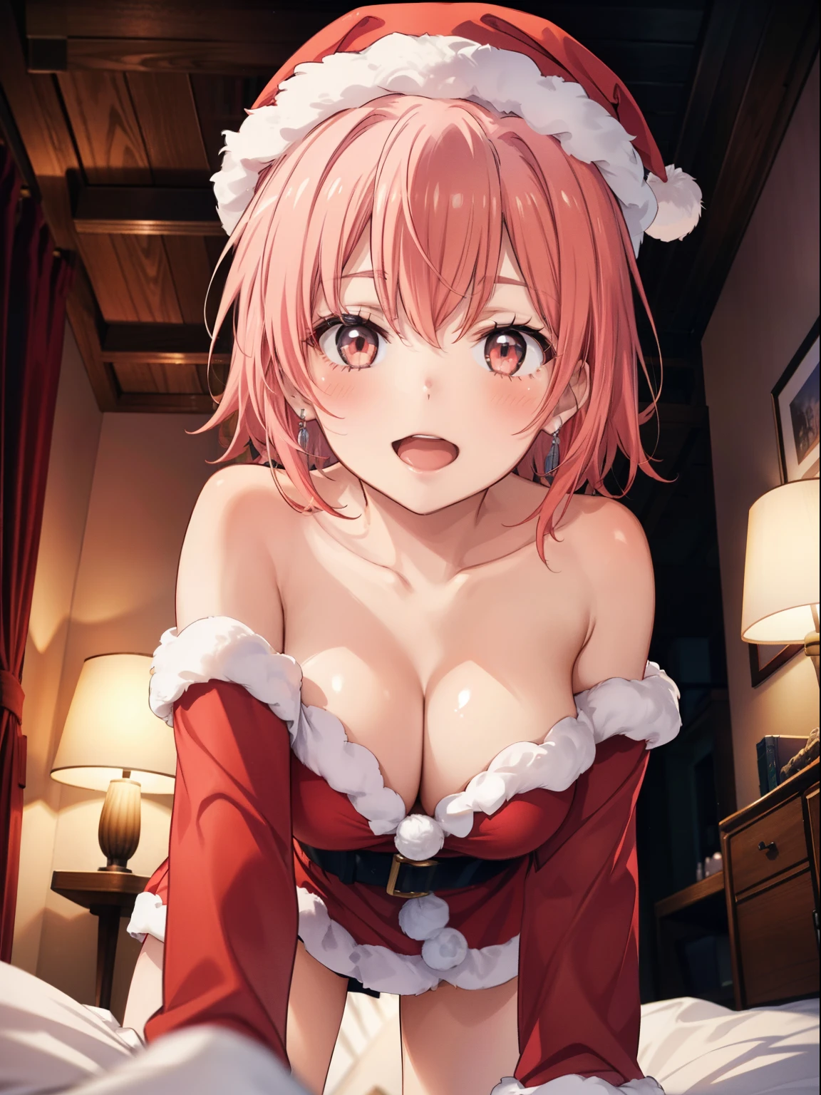 1girl in, Yuigahama Yui, , Short hair, Pink hair,
(Best Quality, hight resolution, 4K, Detailed Lighting, Shaders), 

Night, Bedroom, nighttime scene, darkness,
(Focus, POV, From below, close shot), 
(Full face blush, Smile), Open mouth,  
Bare shoulder, cleavage, large boob, Strapless, 
(all-fours), 
Red Santa Dresses, Santa's Hat, 
furr,