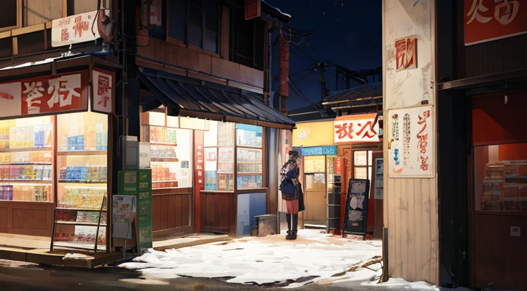 There was a woman standing in front of the store at night, Convenience stores, Iwakura Asuka Station Game, tokyo anime anime scene, Gate of the Stone of Destiny, noire moody scene, visual novels CG, Standing outside a corner shop, Madhouse Studio anime style, anime scene, VA-11 Hall-A