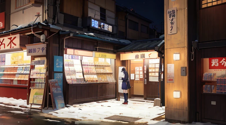 There was a woman standing in front of the store at night, Convenience stores, Iwakura Asuka Station Game, tokyo anime anime scene, Gate of the Stone of Destiny, noire moody scene, visual novels CG, Standing outside a corner shop, Madhouse Studio anime style, anime scene, VA-11 Hall-A