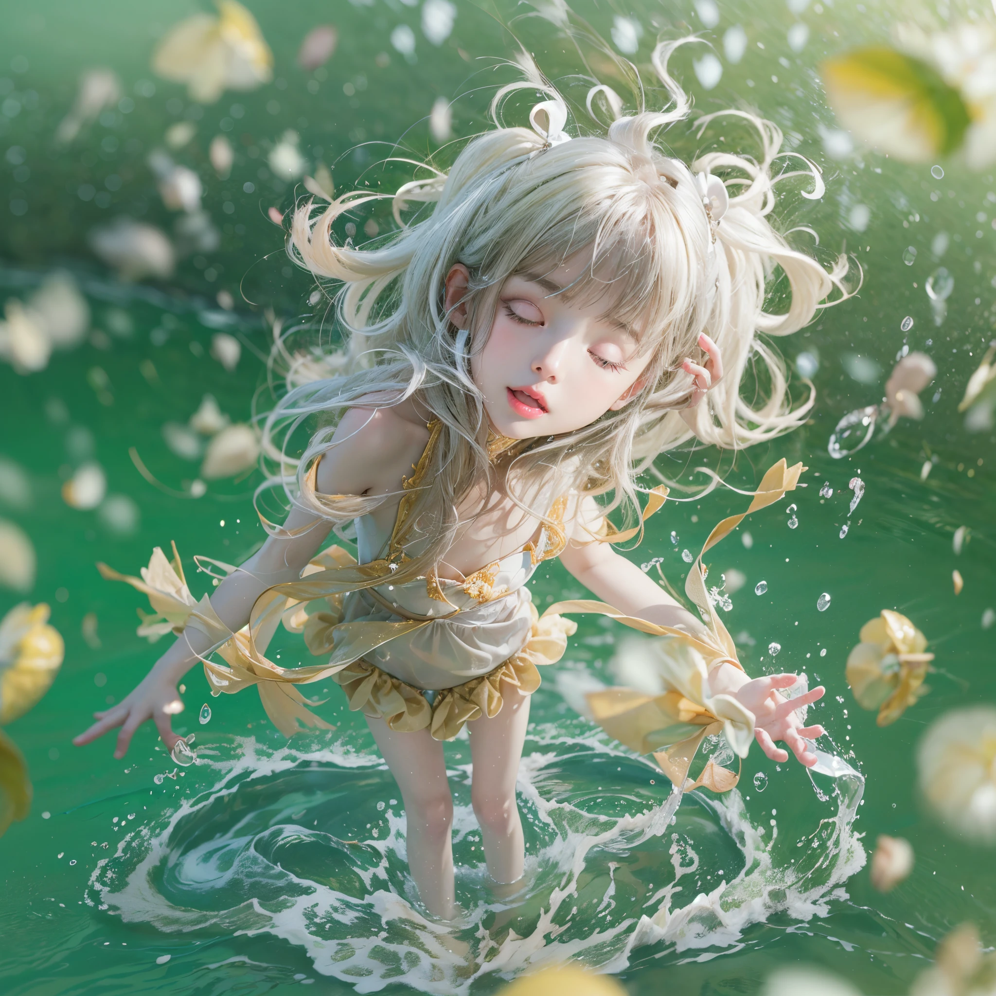 (8K, Original photography, Top image quality, masterpiece: 1.4), hyper HD, (Realistic, 真实感: 1.48), realisticlying, A high resolution, softlighting. Tiny Girls, girl jumping into the water、Falling、splash water、shout、Luminous water surface、White and Vivid colors, back lighting, glistening ivory skin, sparkling highlights, Detailed KAWAII face with cute lips, long eyelashes, Delicate clothes, Detailed open crotch, ((no extra limbs, corrected limbs)), Whole Body proportions and all limbs are anatomically accurate .